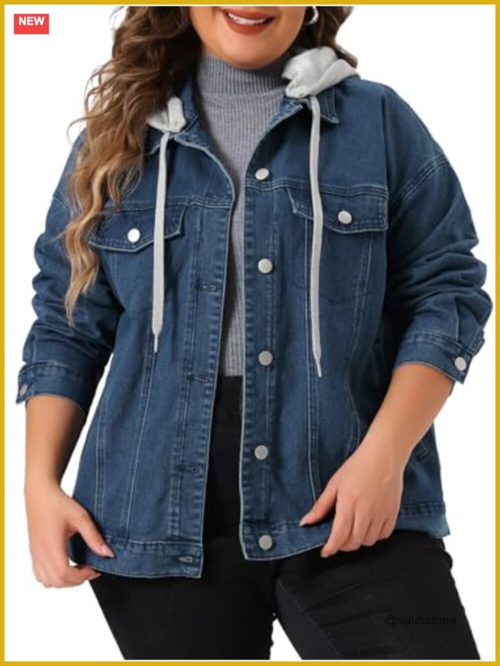 Plus Size Denim Jacket with Detachable Hood, 5 Pockets, Button Down, Long Sleeve